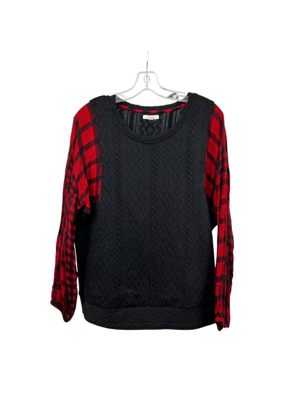 Maurices Womens Sweater Mixed Media Plaid Sleeve Black/Red Size Large